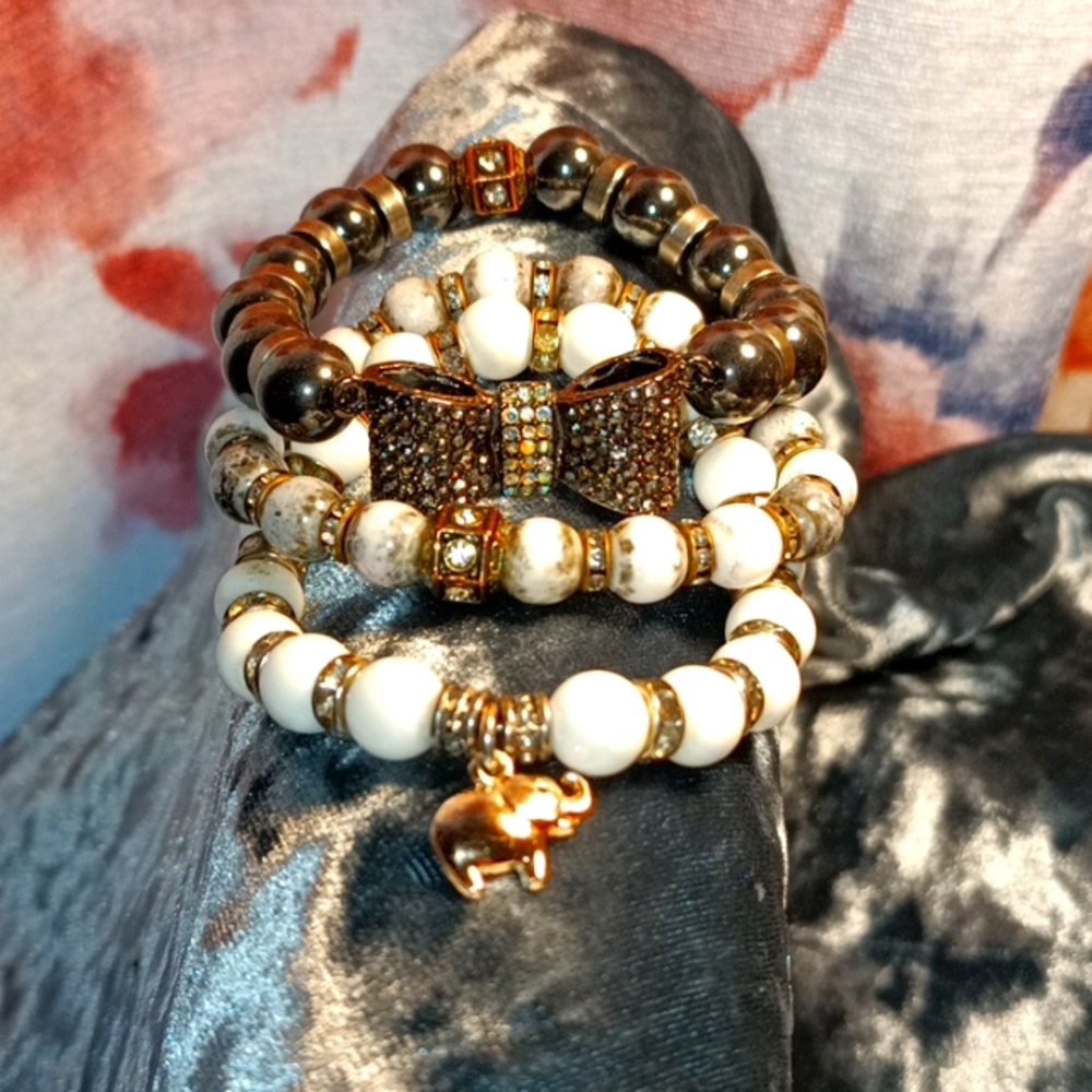 Handcrafted, stretch bracelet stackable, hematite semi-precious beads.